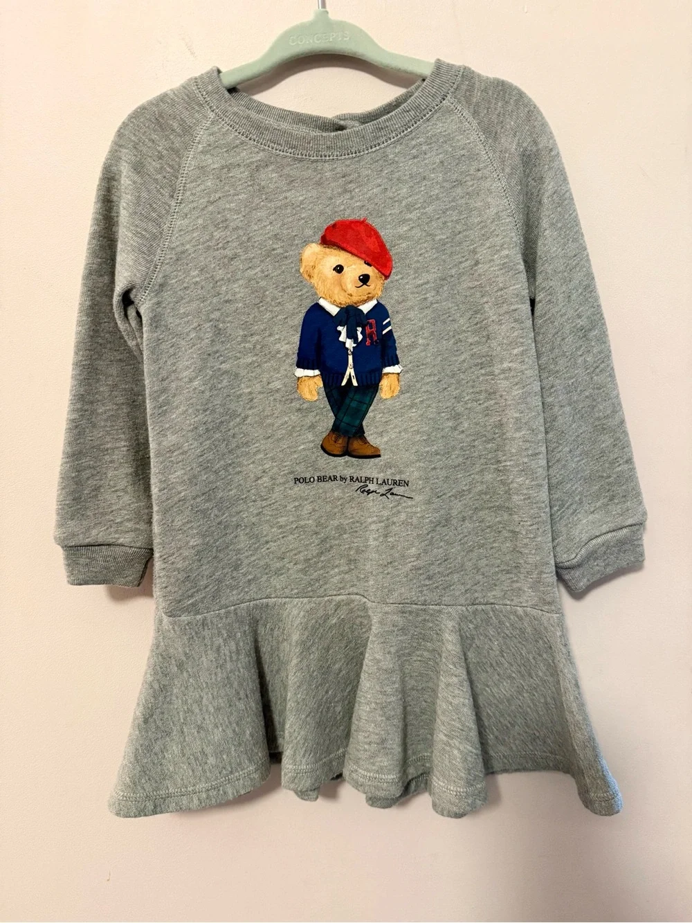 Ralph Lauren Grey Sweatshirt Dress with Polo Bear in Navy and Red